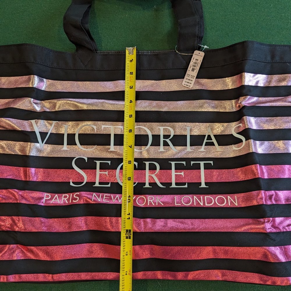 NWT Victoria's Secret Large Black w/ Hot Pink & Rose Gold Stripes Tote/Beach Bag - Picture 5 of 8
